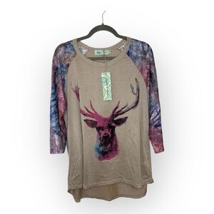 Southern Grace Deer Print Lace Raglan Top XL Boho Western Cabincore NWT